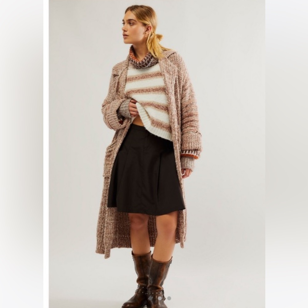 Free People Maxi Marl Cardi Knit Patch Pockets Exaggerated Sleeves Tan Mushroom